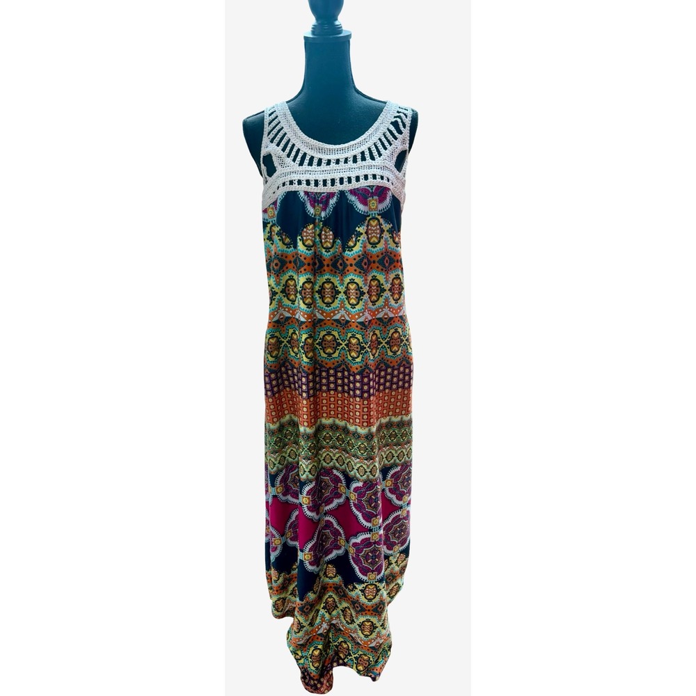 NY Directions Boho Maxi Dress Crochet‎ Neck Sleeveless Size M
